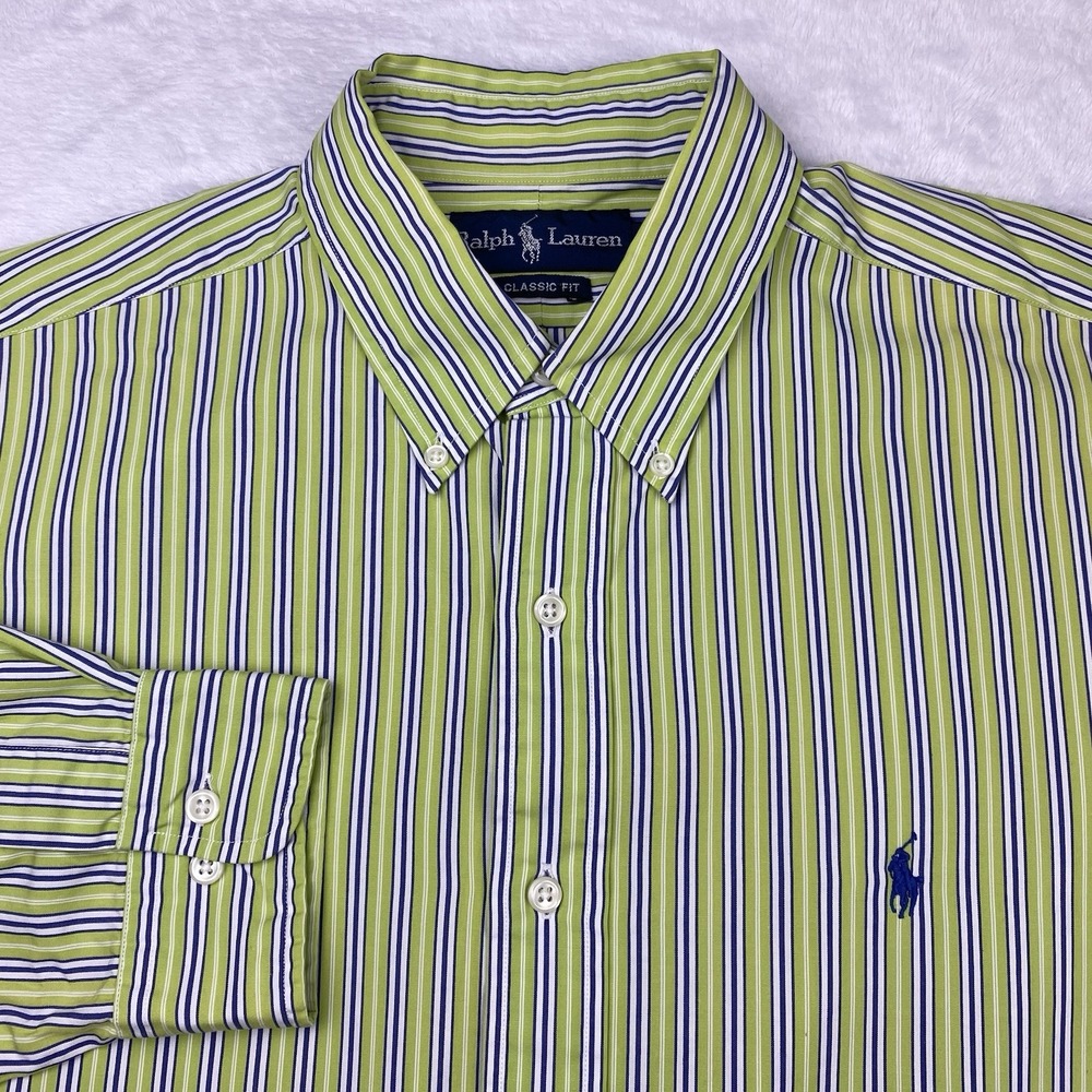 Ralph Lauren Men's Large (16) Shirt Green Blue White Striped Classic Fit Cotton